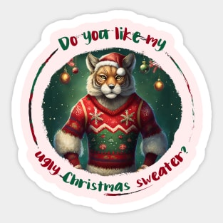 Ugly Christmas sweater: Festive tiger-man in winter wonderland wearing a sweater with a Christmas tree and ornaments Sticker